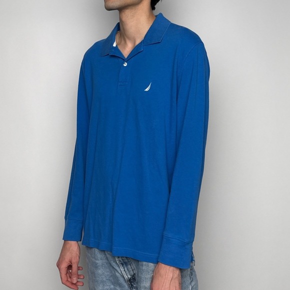 Nautica Mens Long Sleeve Polo Shirt Blue Classic Fit Cotton Logo Large L - Picture 9 of 11